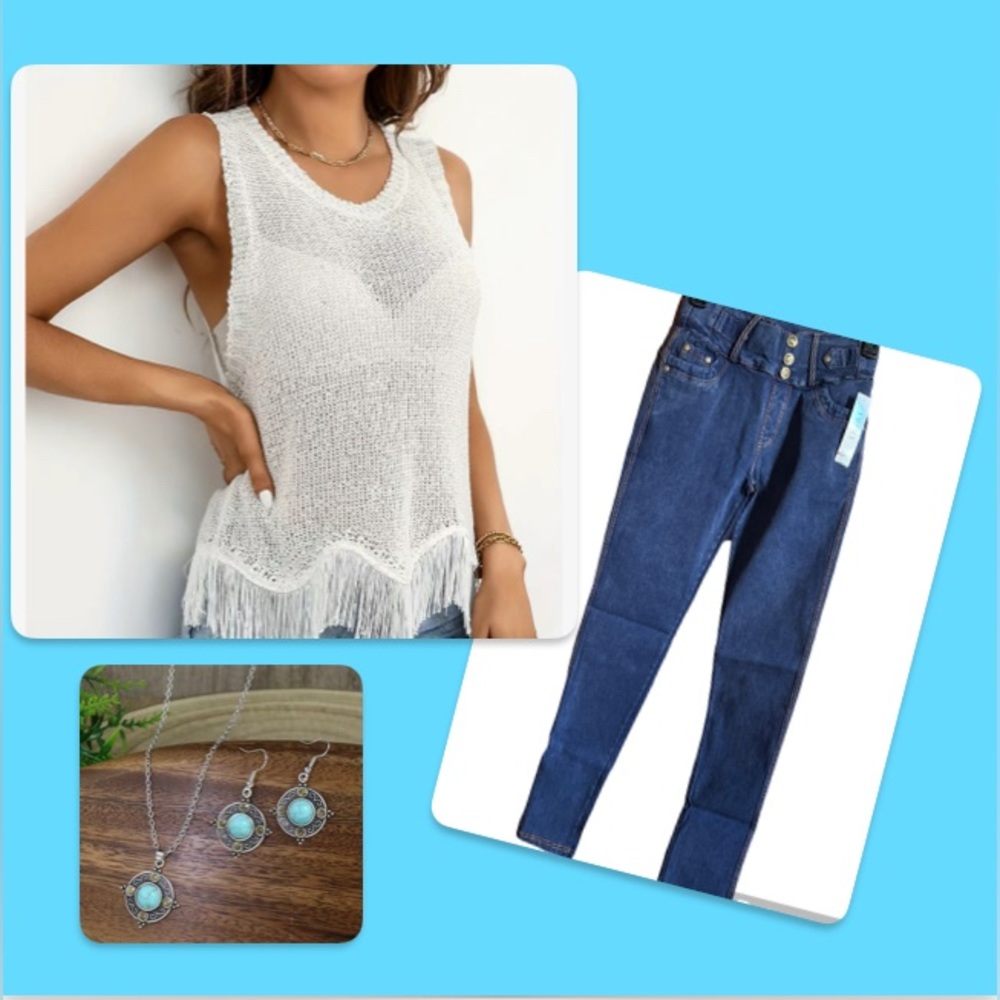 Crochet Top, Jvini Skinny Jeans and 3 Piece Silver Jewelry Set